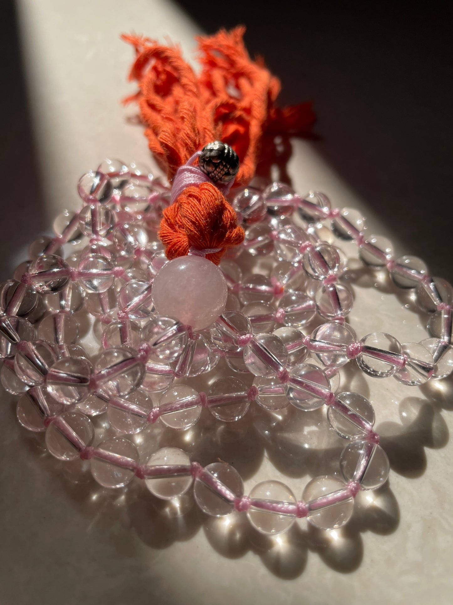 Clear Quartz 108 mala with Rose Quartz guru bead